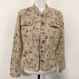 Christopher & Banks 2007 Tan Stretch Jacket Blazer Dog & People Sketch Drawing M